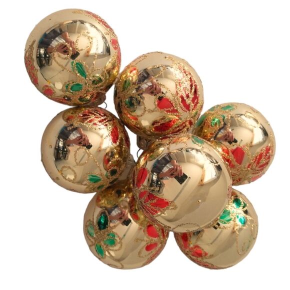 Commodore Christmas Classics Ornaments x 7 Glass Ball Hand Decorated Poinsettia. - Picture 2 of 16